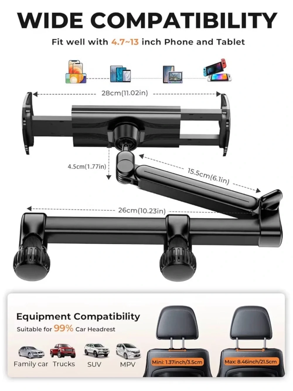 Universal Car Headrest Phone & Tablet Mount - Black